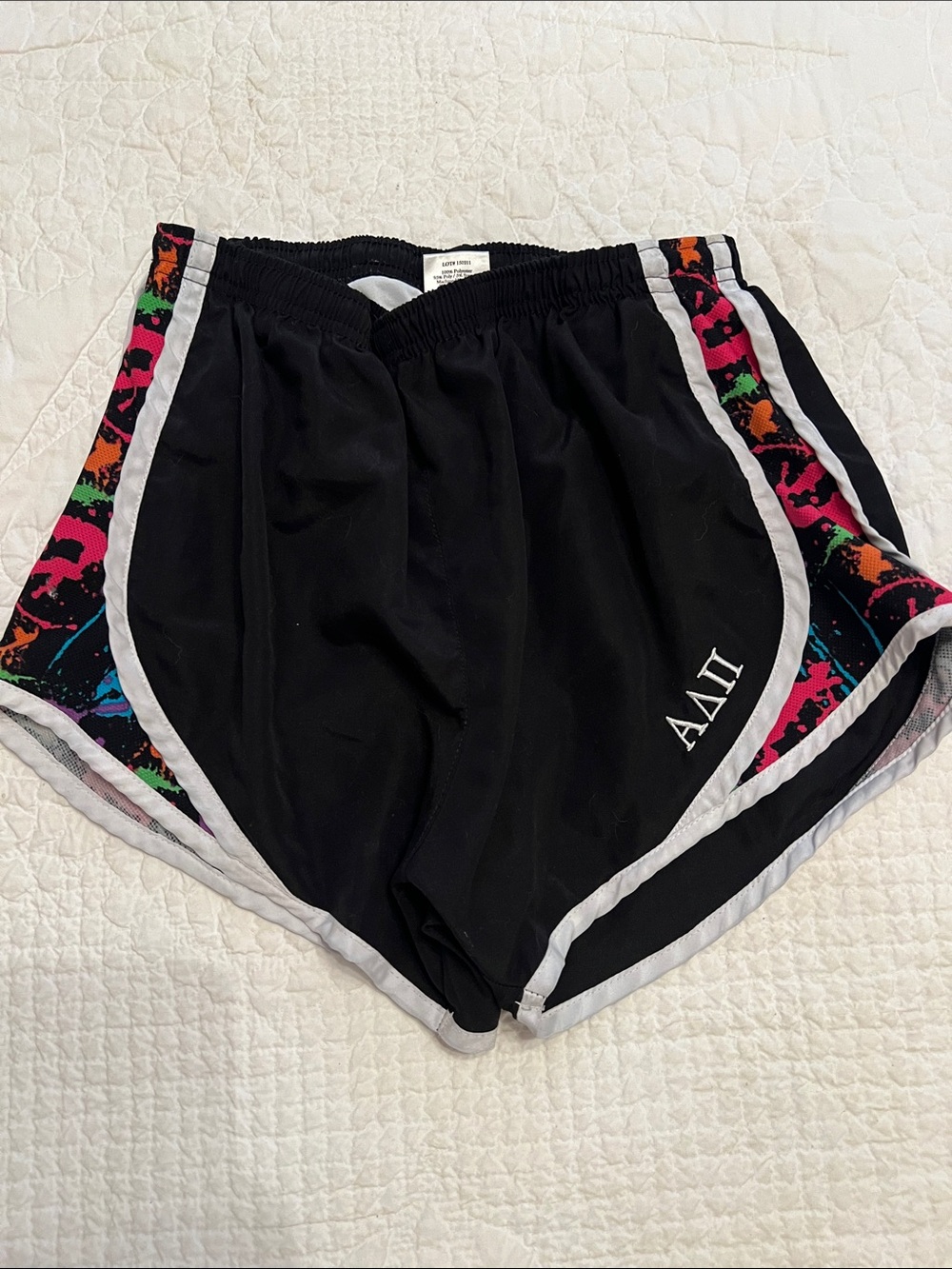 Alpha Delta Pi ADPi Black Athletic Shorts with Neon Multicolor Side Panels